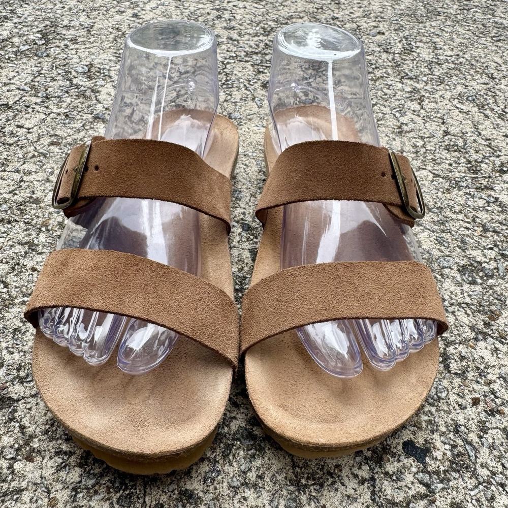 Yokono‎ Women's Sz 8 Brown Tan Leather Two Strap Slide On Sandal Made In Spain - Picture 5 of 15